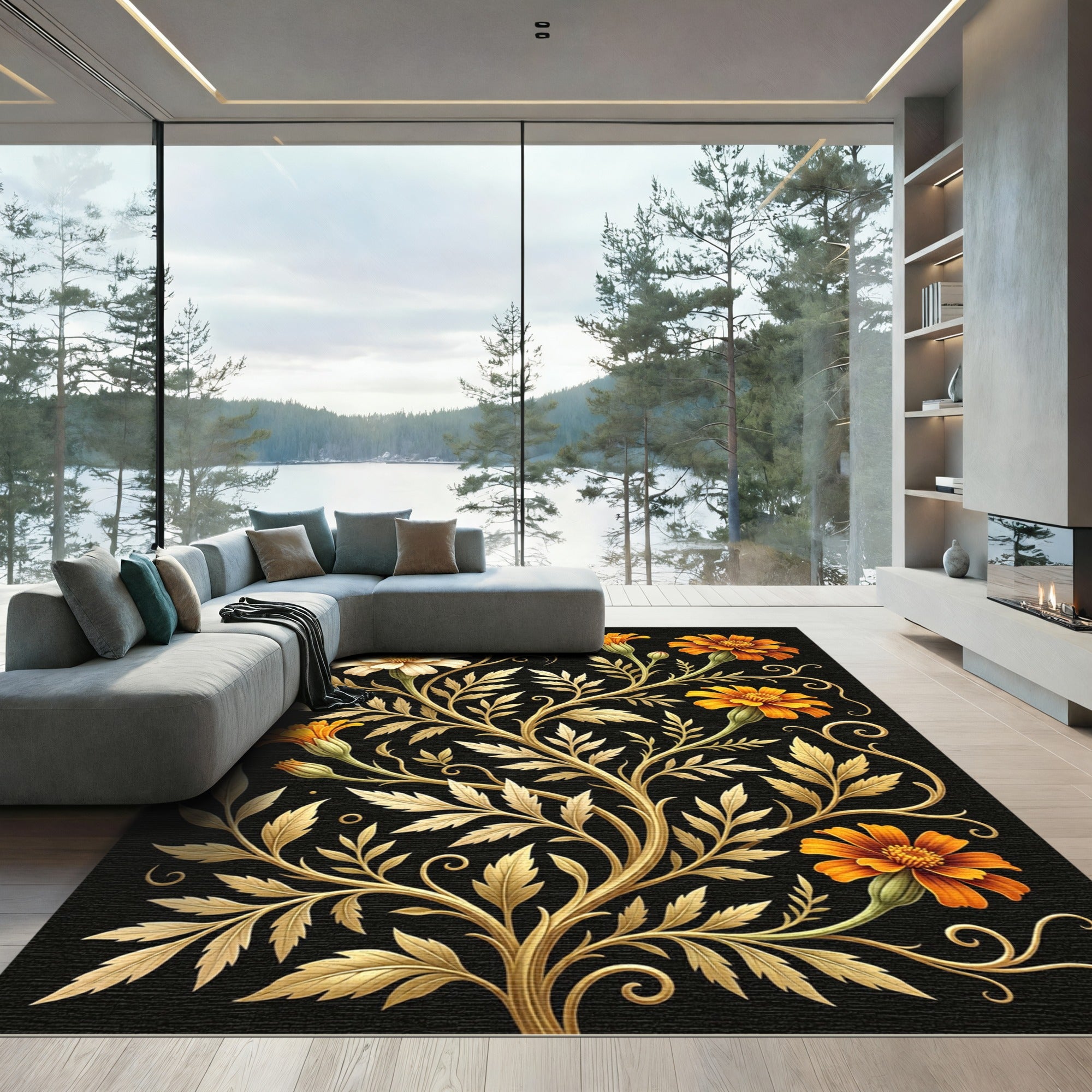 Golden Marigold Floral Botanical Art Rug