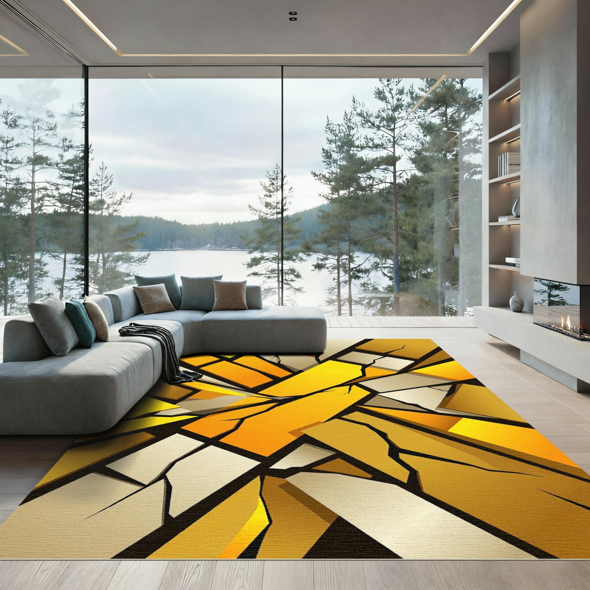 Golden Shattered Geometric Abstract Blocks Rug
