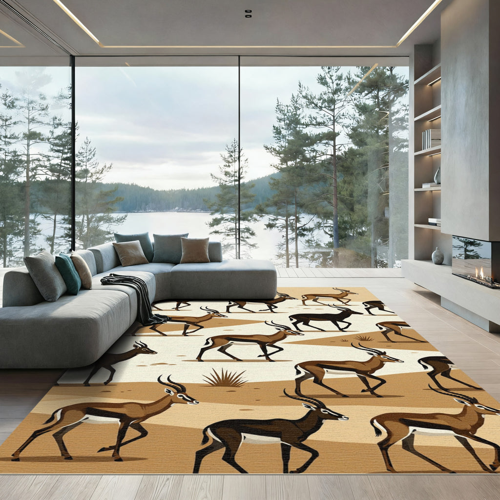 Minimalist Gazelle Herd Desert Earth Tones Rug