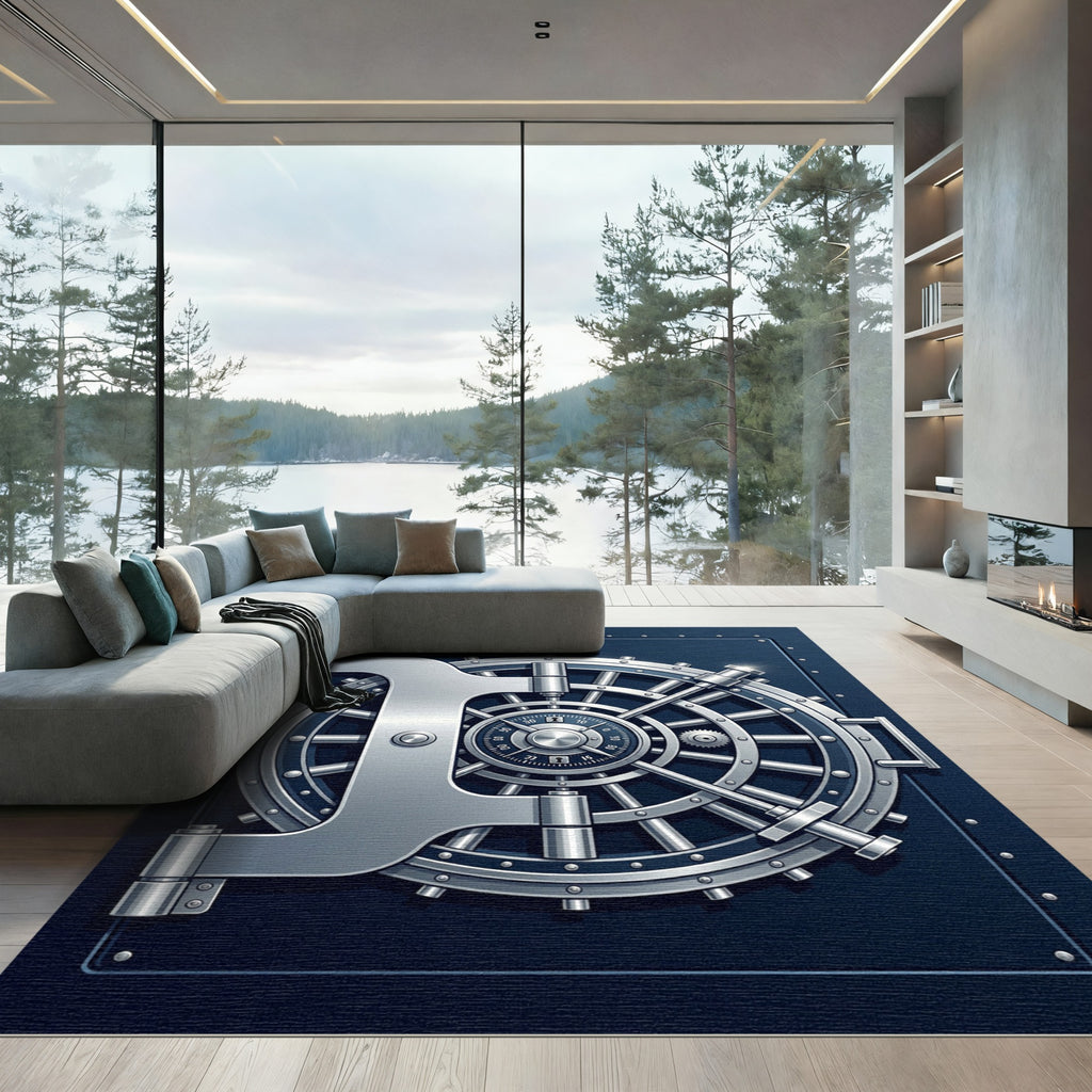 Industrial Silver Vault Door Medallion Rug