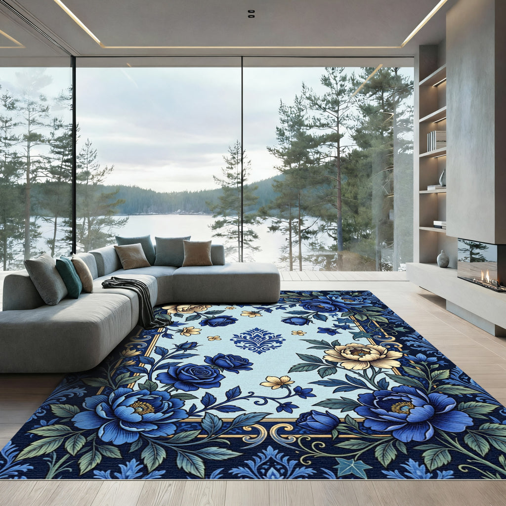Elegant Floral Navy and Cream Rose Rug