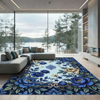Elegant Floral Navy and Cream Rose Rug