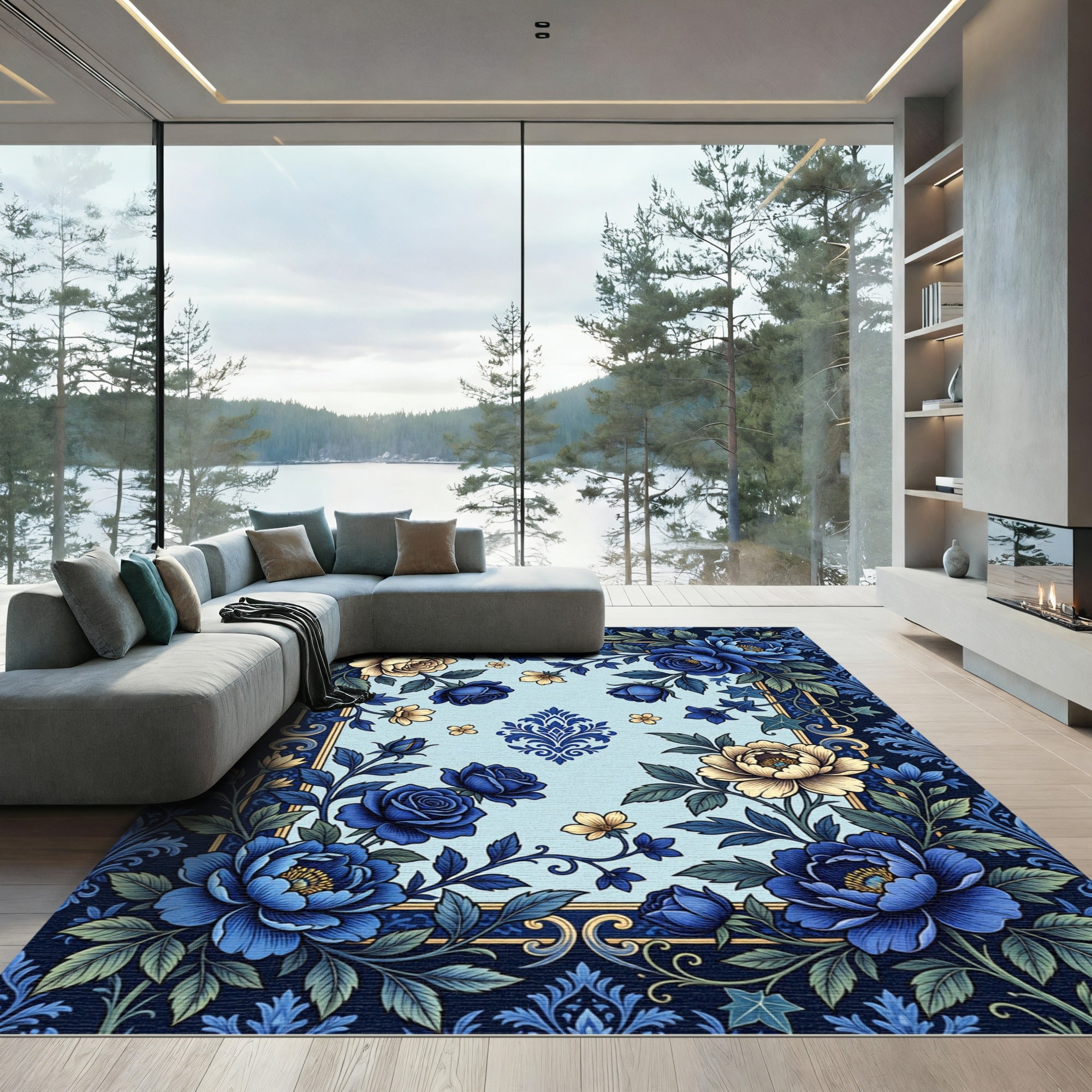 Elegant Floral Navy and Cream Rose Rug
