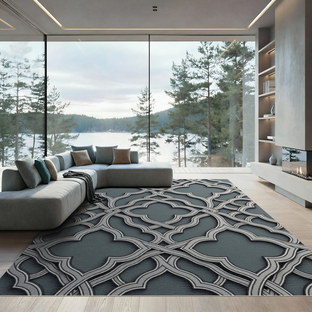 Sophisticated Gray Interlocking Quatrefoil Tile Rug