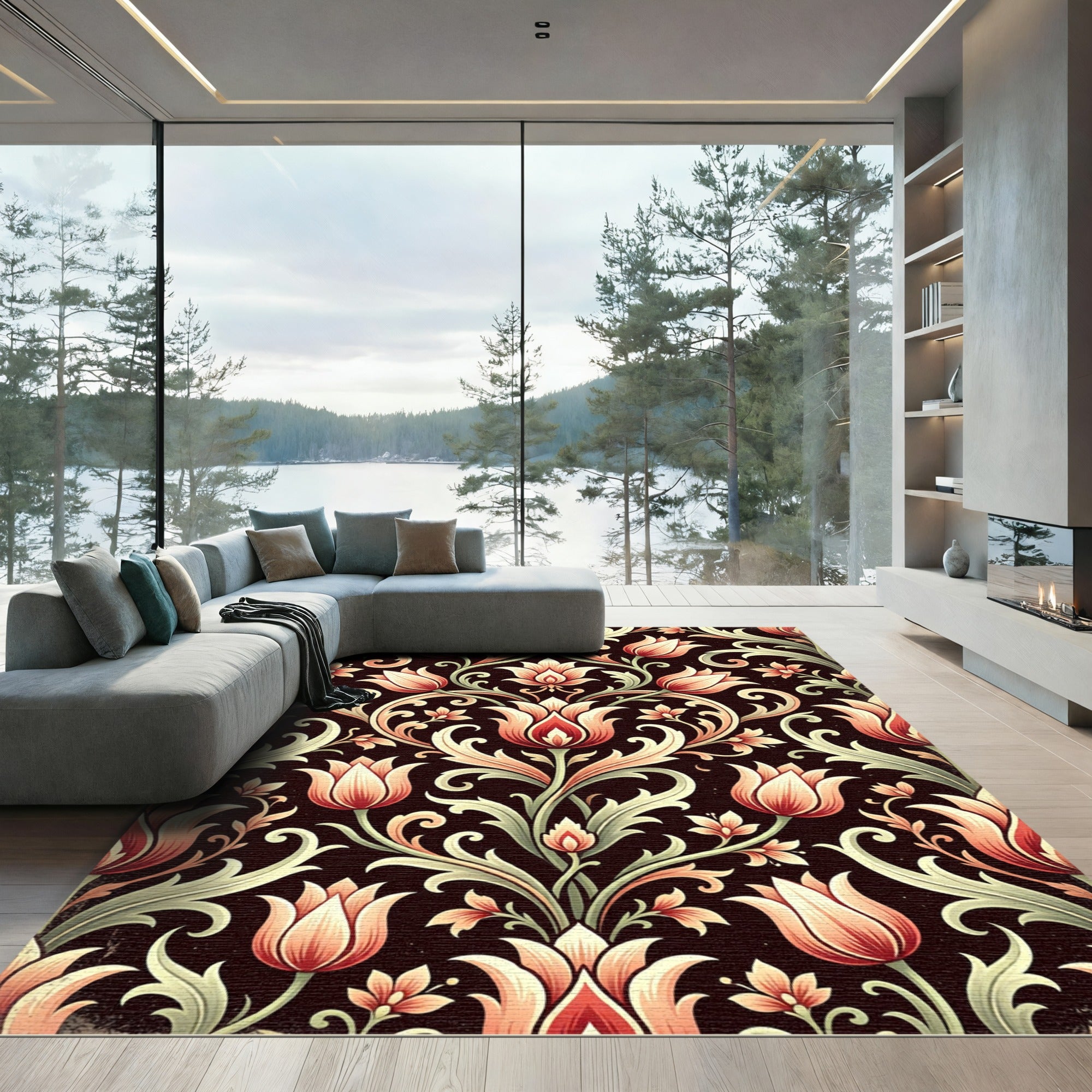 Ornate Floral Vine Scrollwork Rug
