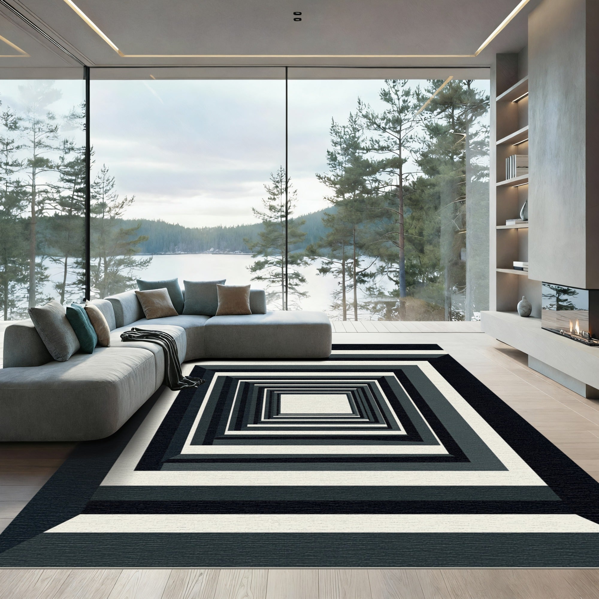 Monochrome Geometric Tunnel Illusion Rug