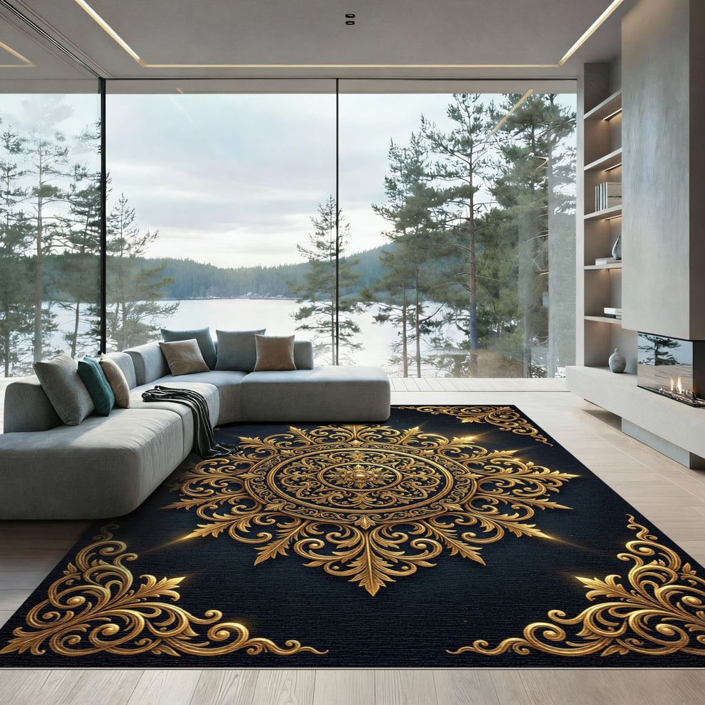 Luminous Gold Ornate Filigree Medallion Rug