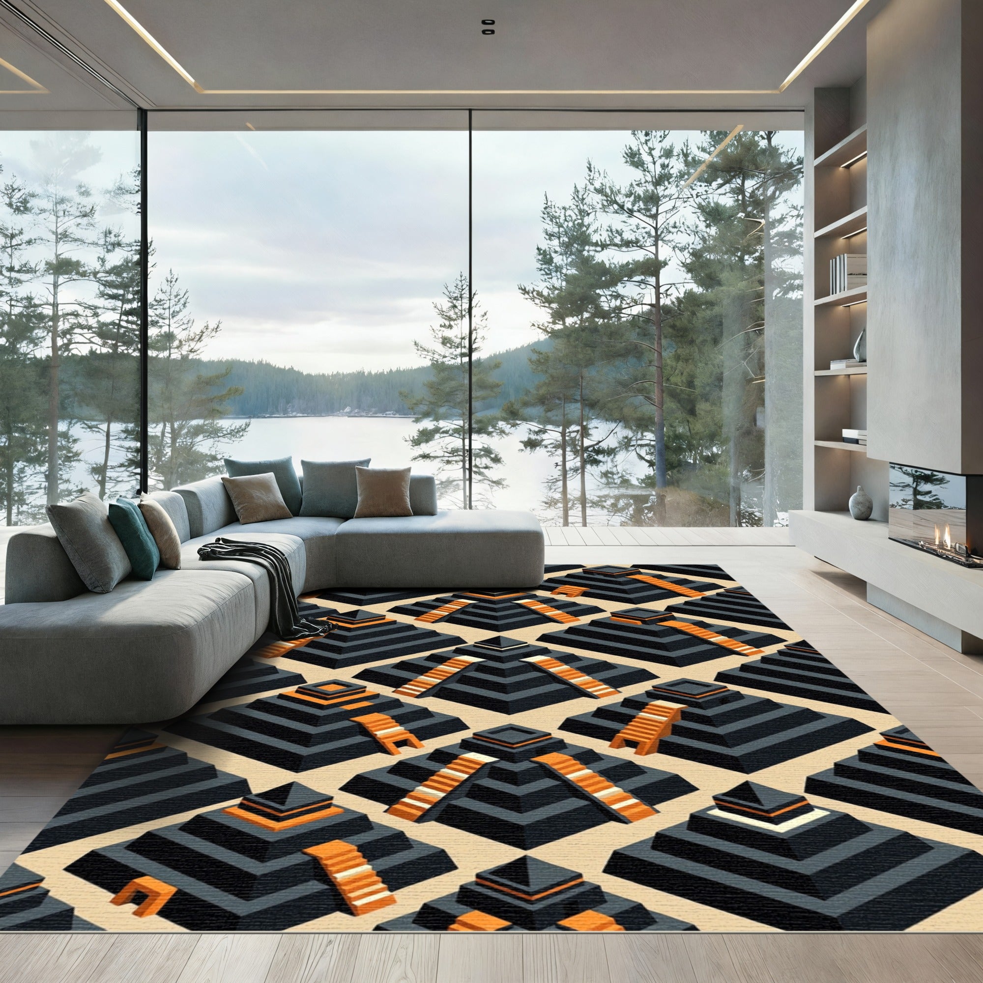 Gray Orange Pyramid Isometric Pattern Rug