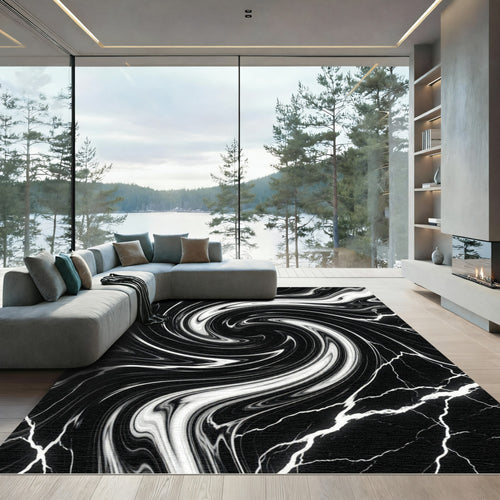 Black White Marble Swirl Vortex Rug