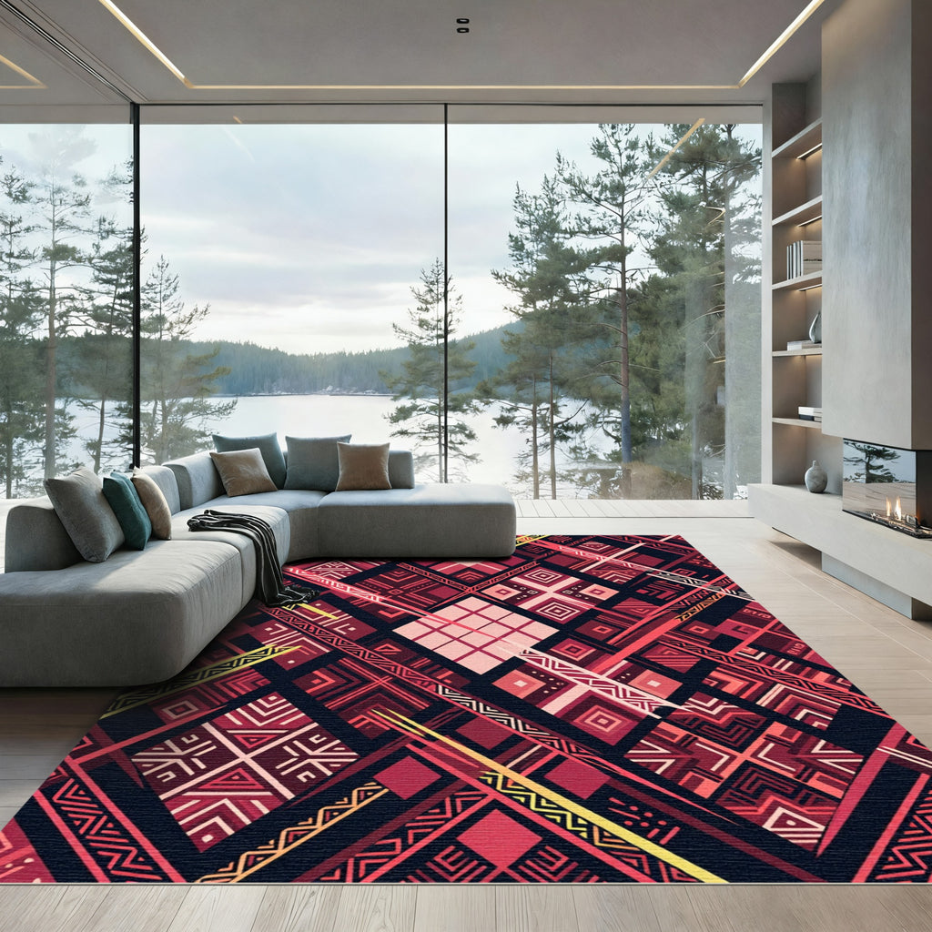 Crimson Geometric Intersecting Shapes Rug