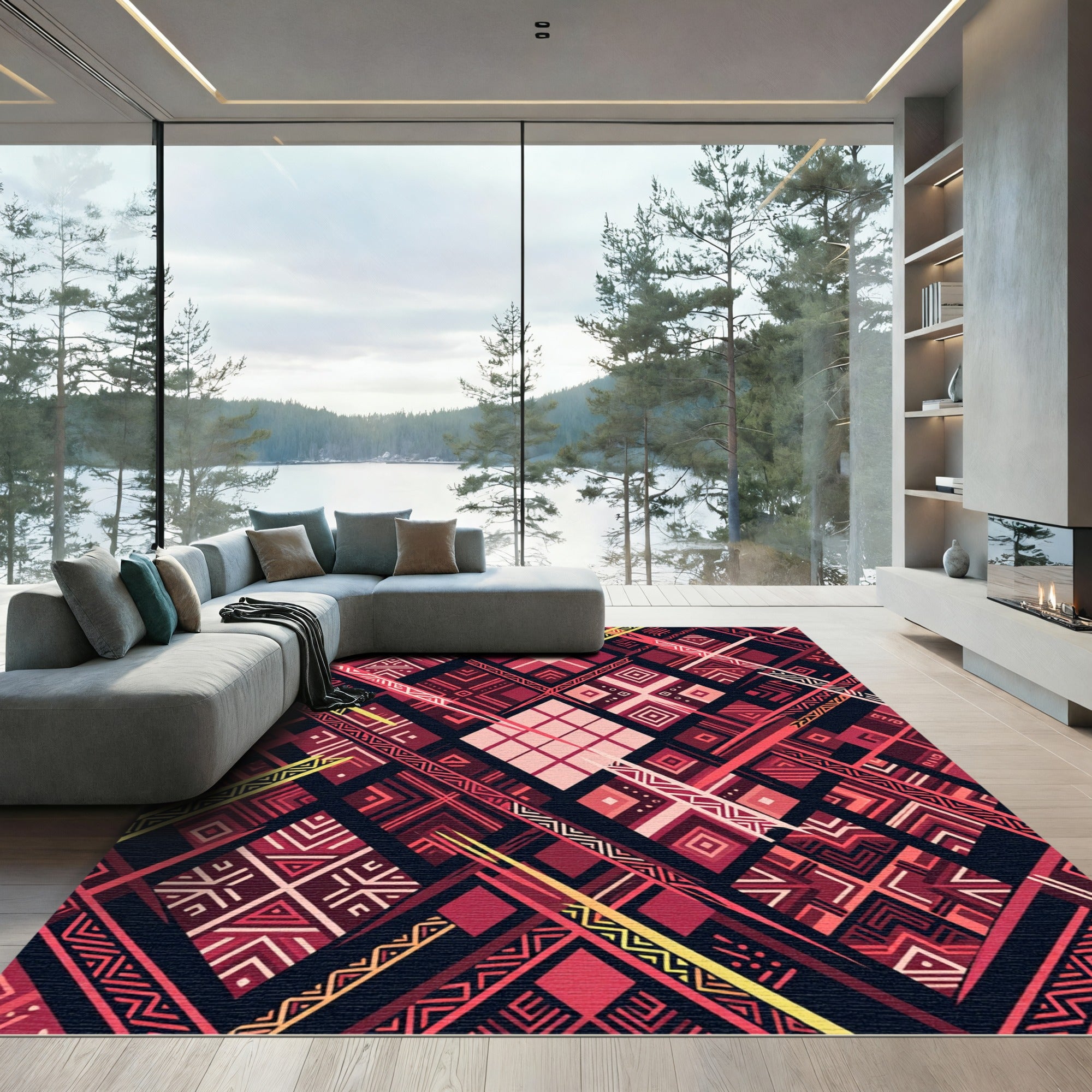 Crimson Geometric Intersecting Shapes Rug