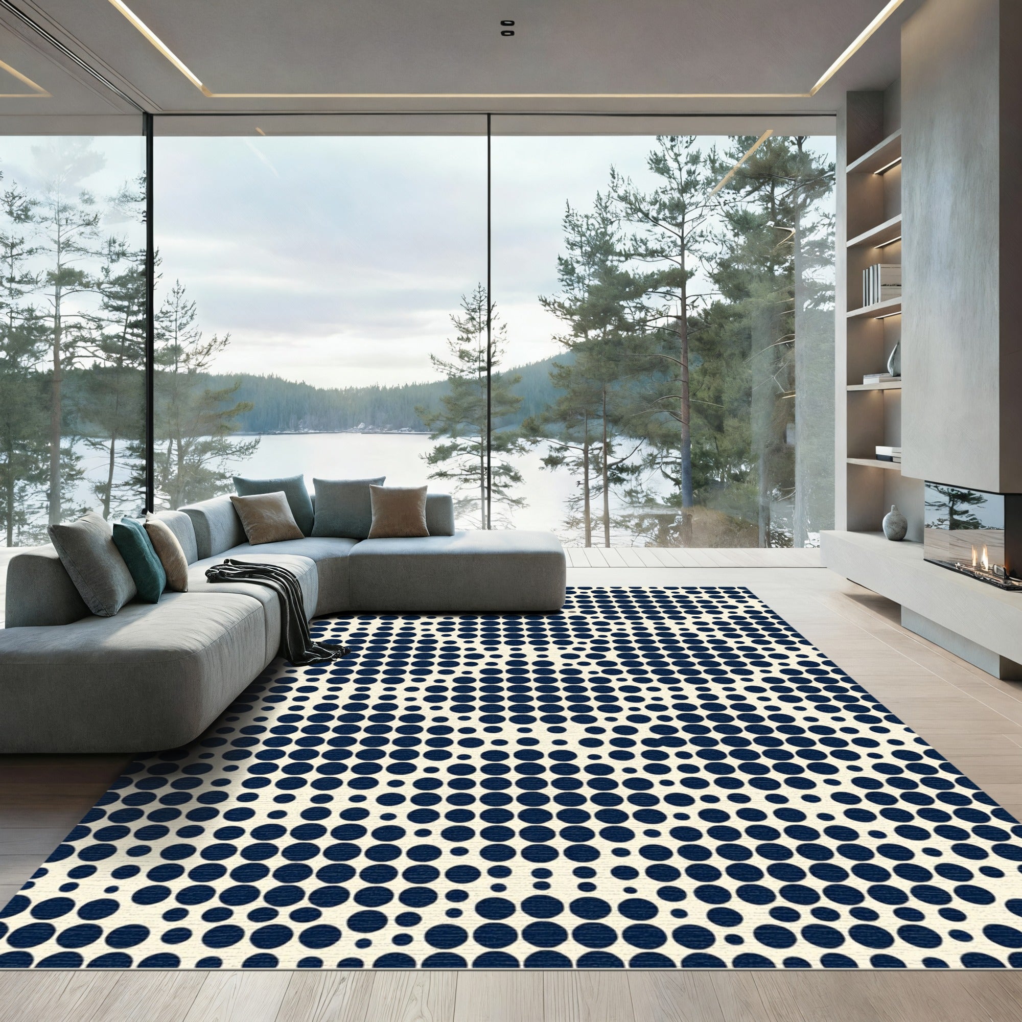 Modern Navy Blue Polka Dot Grid Rug