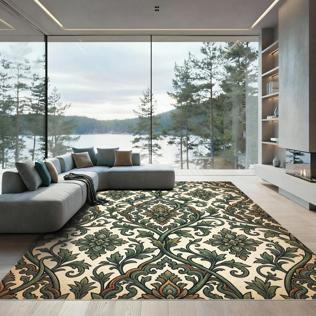 Elegant Green Victorian Damask Scroll Rug