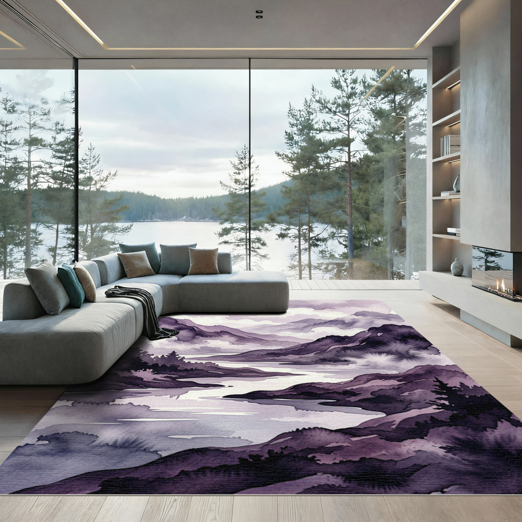 Ethereal Purple Watercolor Mountain Landscape Rug
