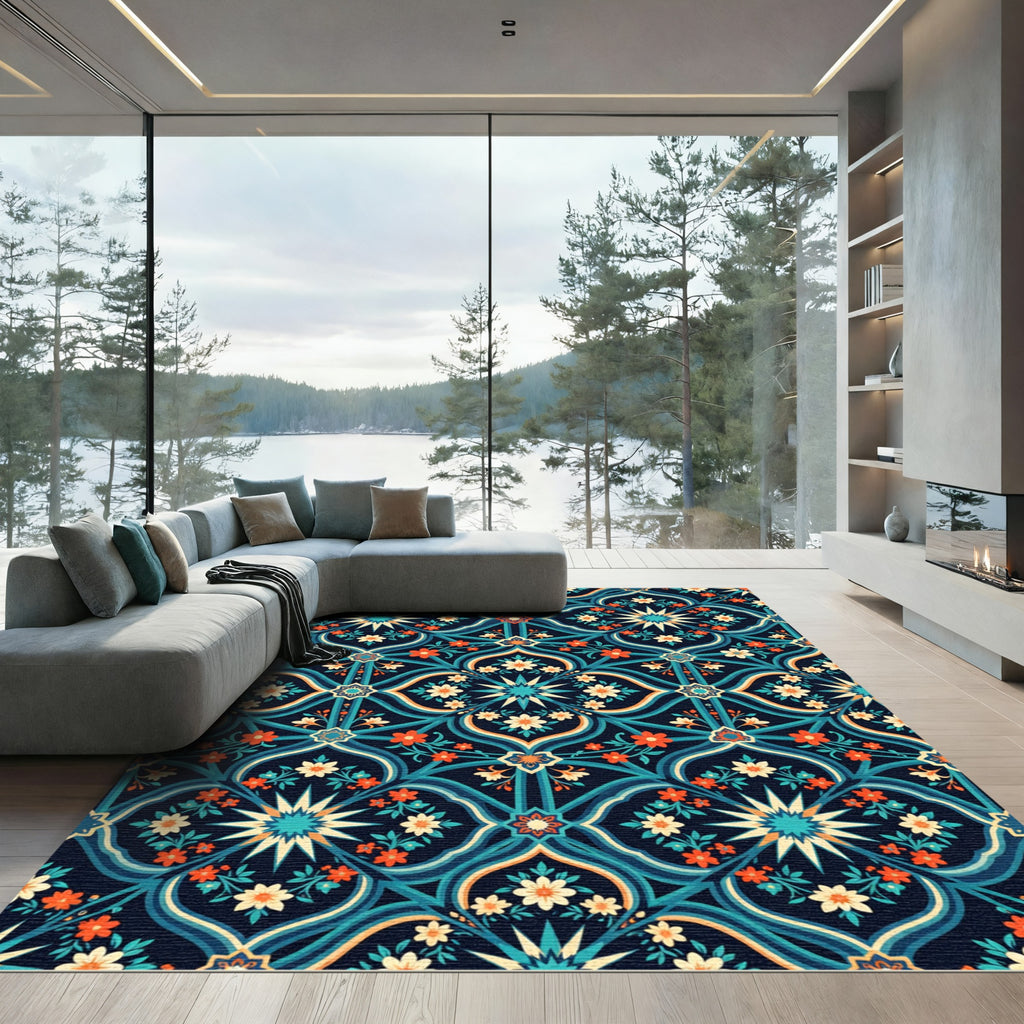 Midnight Floral Star Tile Tapestry Rug
