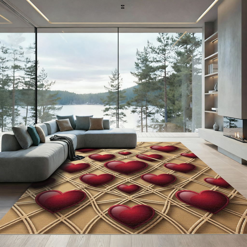 Deep Red Hearts Golden Grid Overlay Rug