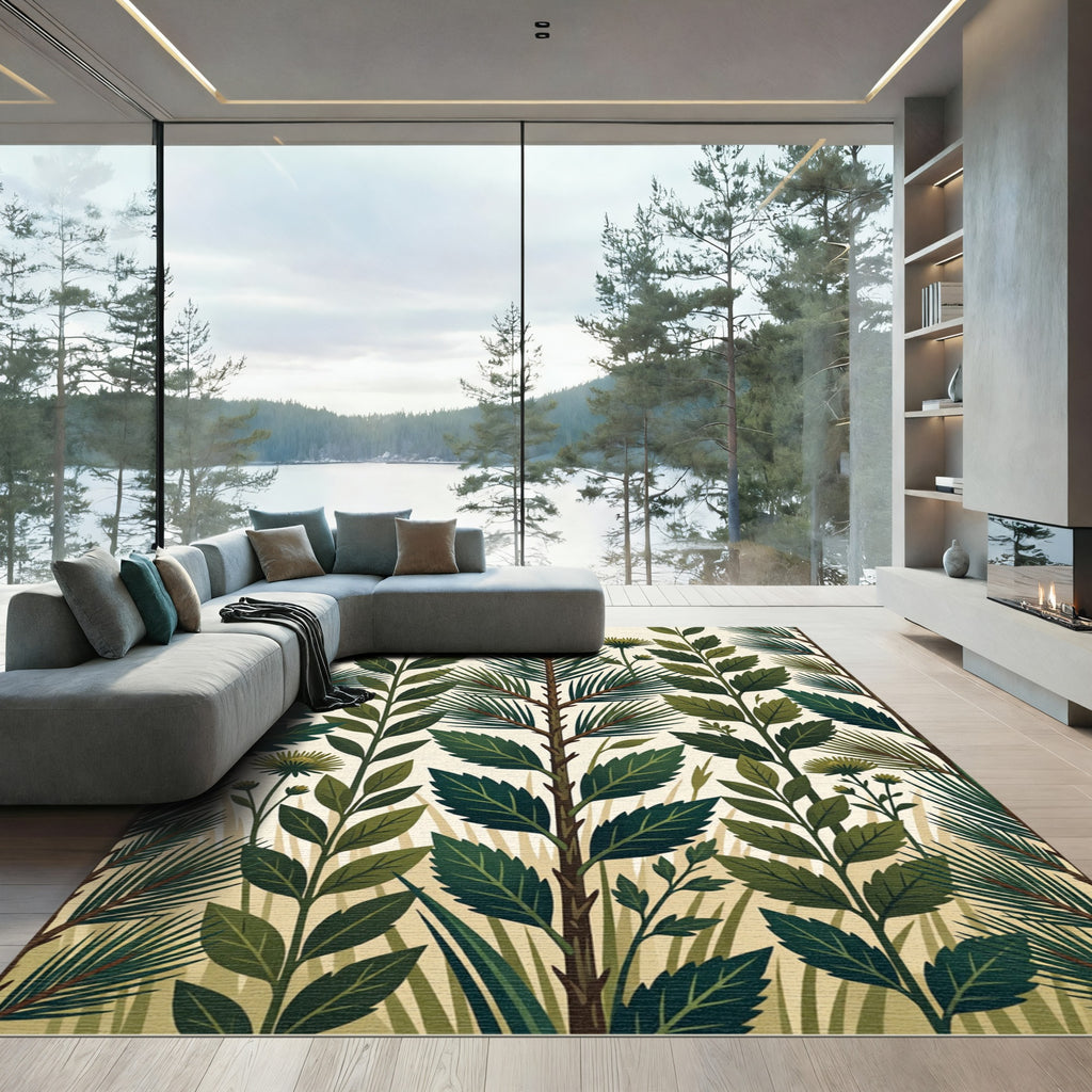 Lush Green Botanical Pine Forest Meadow Rug