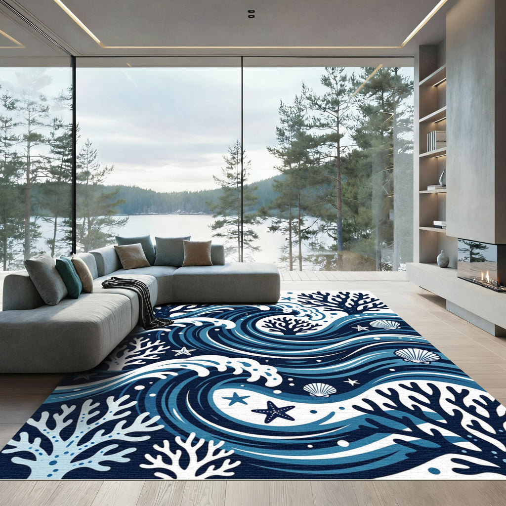 Coastal Deep Blue Coral Wave Rug