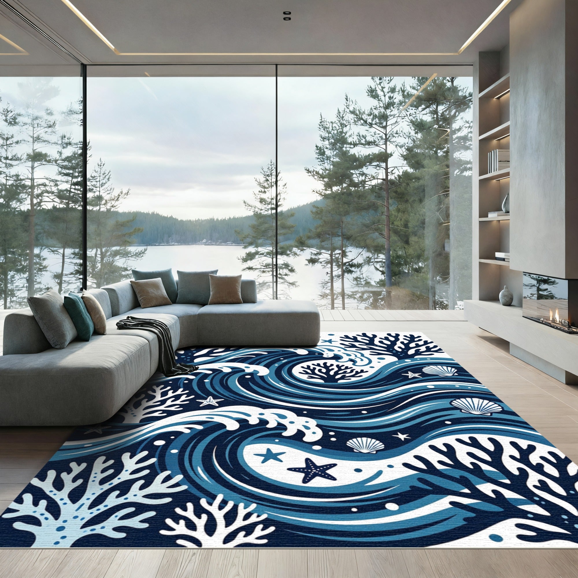 Coastal Deep Blue Coral Wave Rug