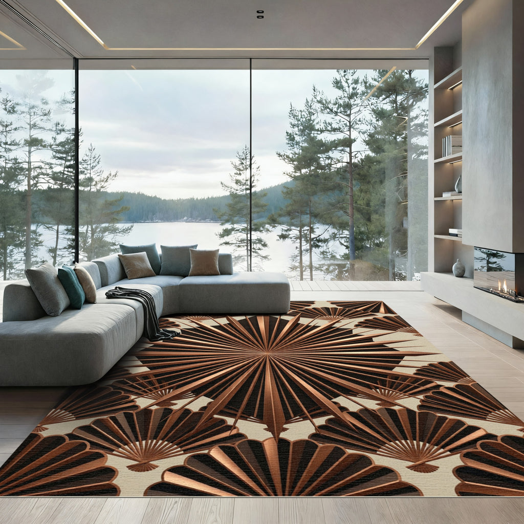 Art Deco Bronze Fan Radiance Geometric Rug