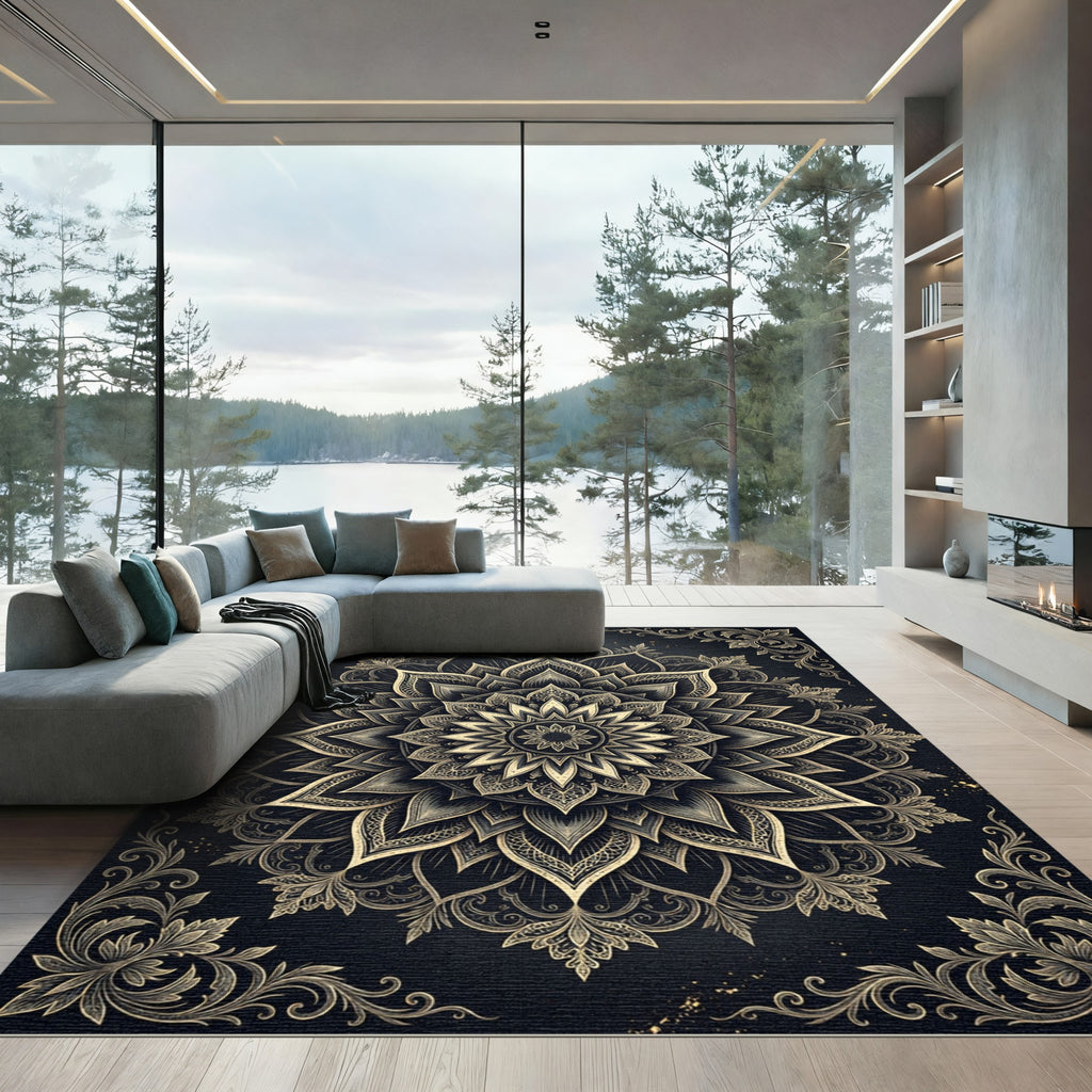 Ornate Golden Fractal Mandala Rug