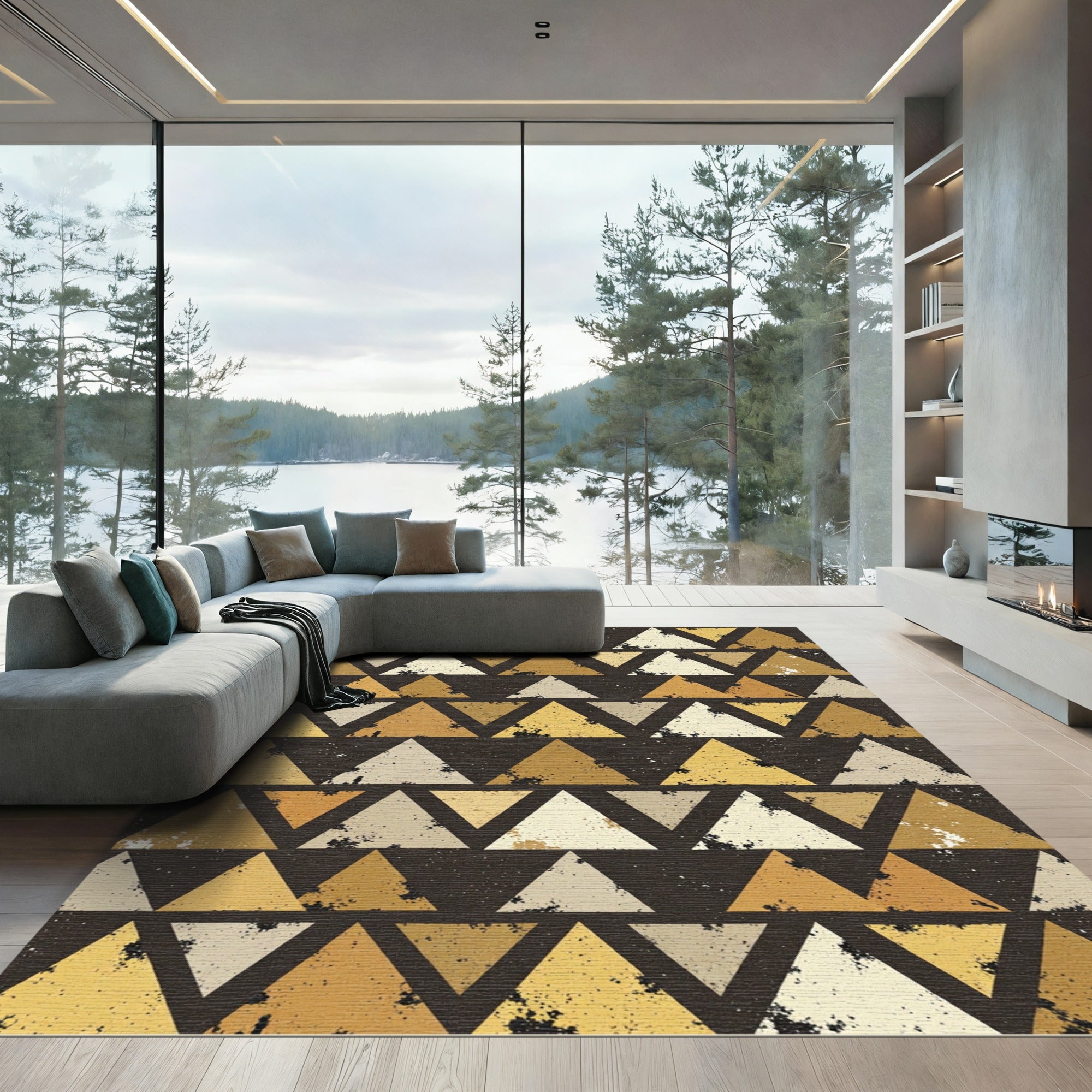 Distressed Golden Geometric Triangle Art Rug