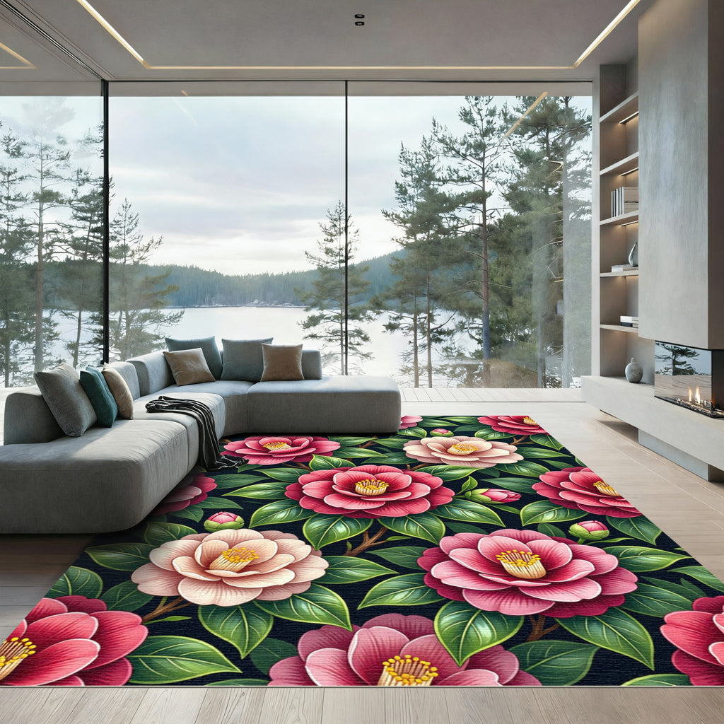 Vibrant Pink Camellia Floral Botanical Rug