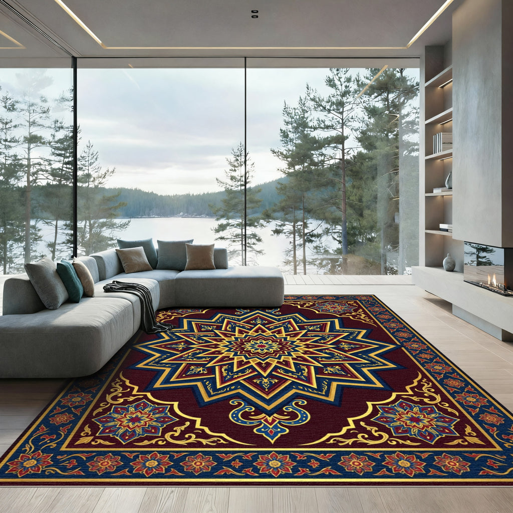 Rich Crimson Geometric Star Medallion Rug