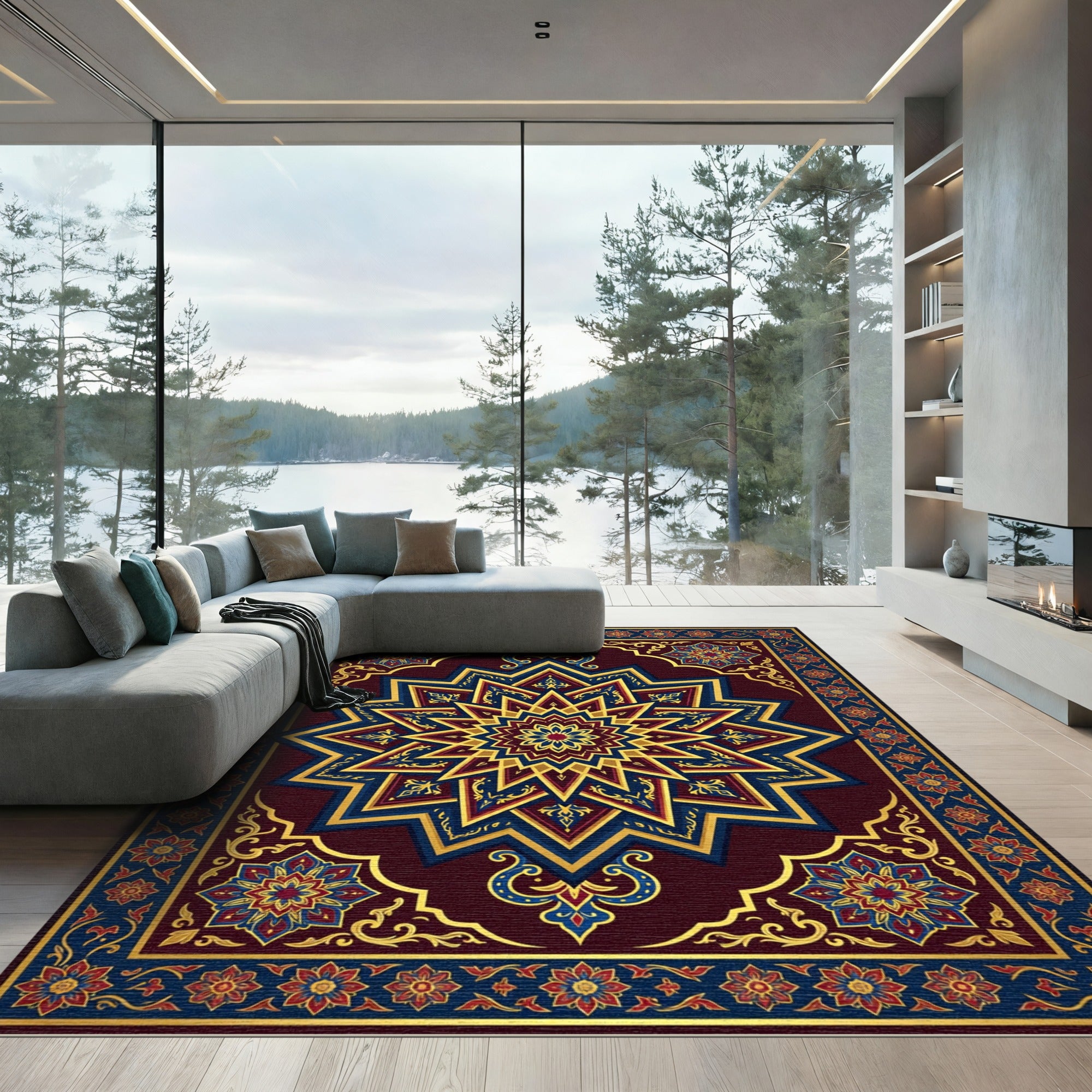 Rich Crimson Geometric Star Medallion Rug
