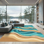 Abstract Teal and Sand Wave Rug
