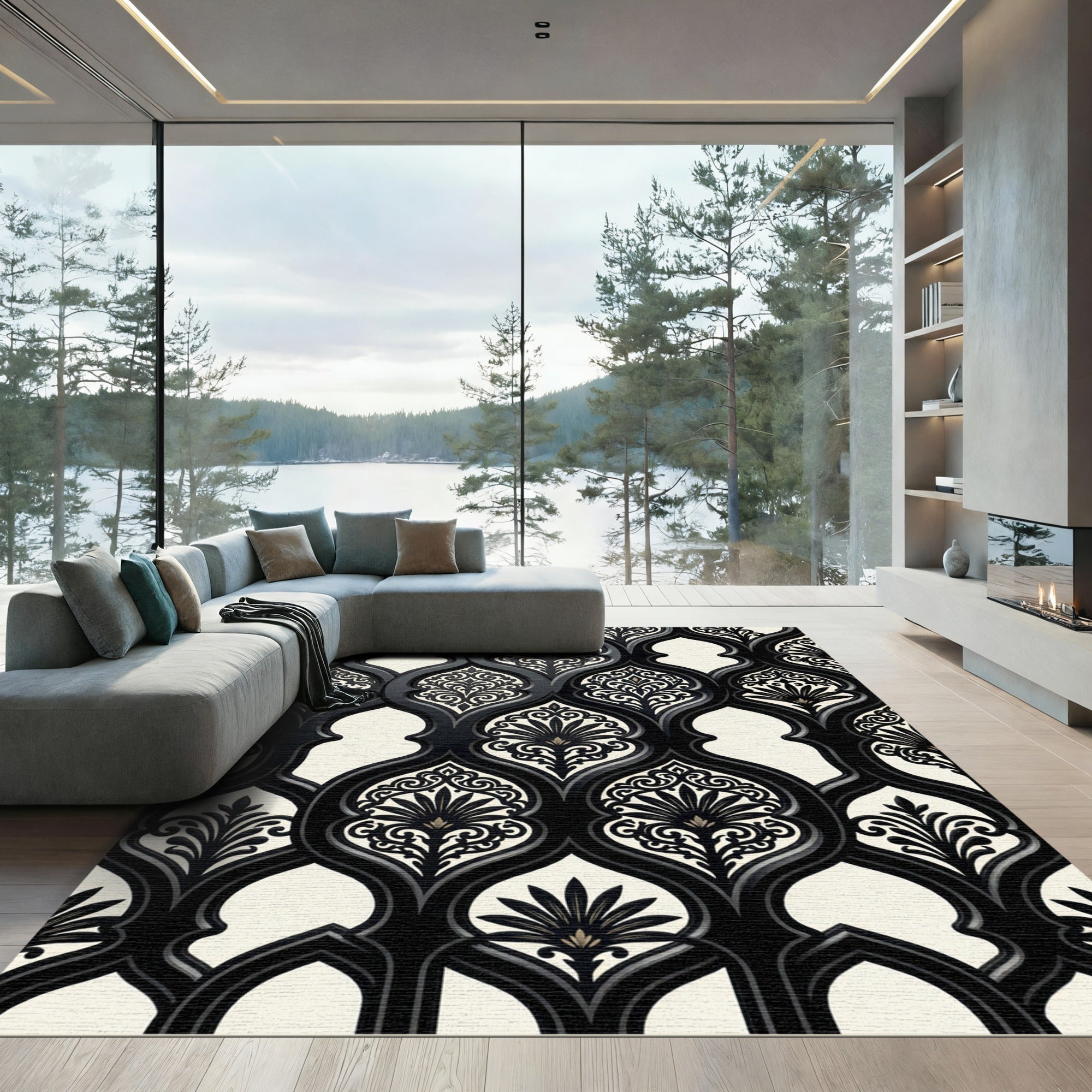 Monochrome Damask Victorian Scroll Rug