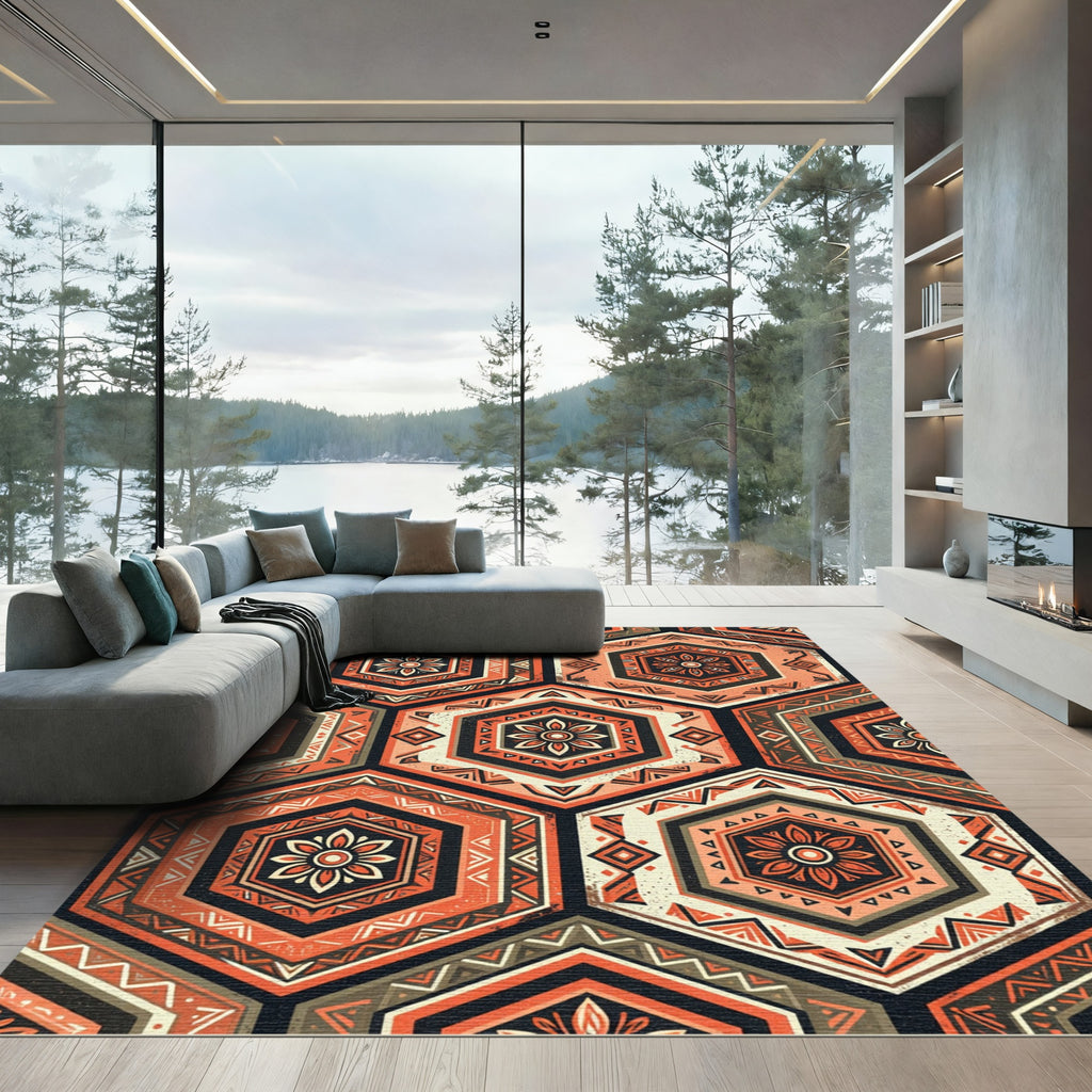 Terracotta Hexagon Floral Geometric Boho Rug