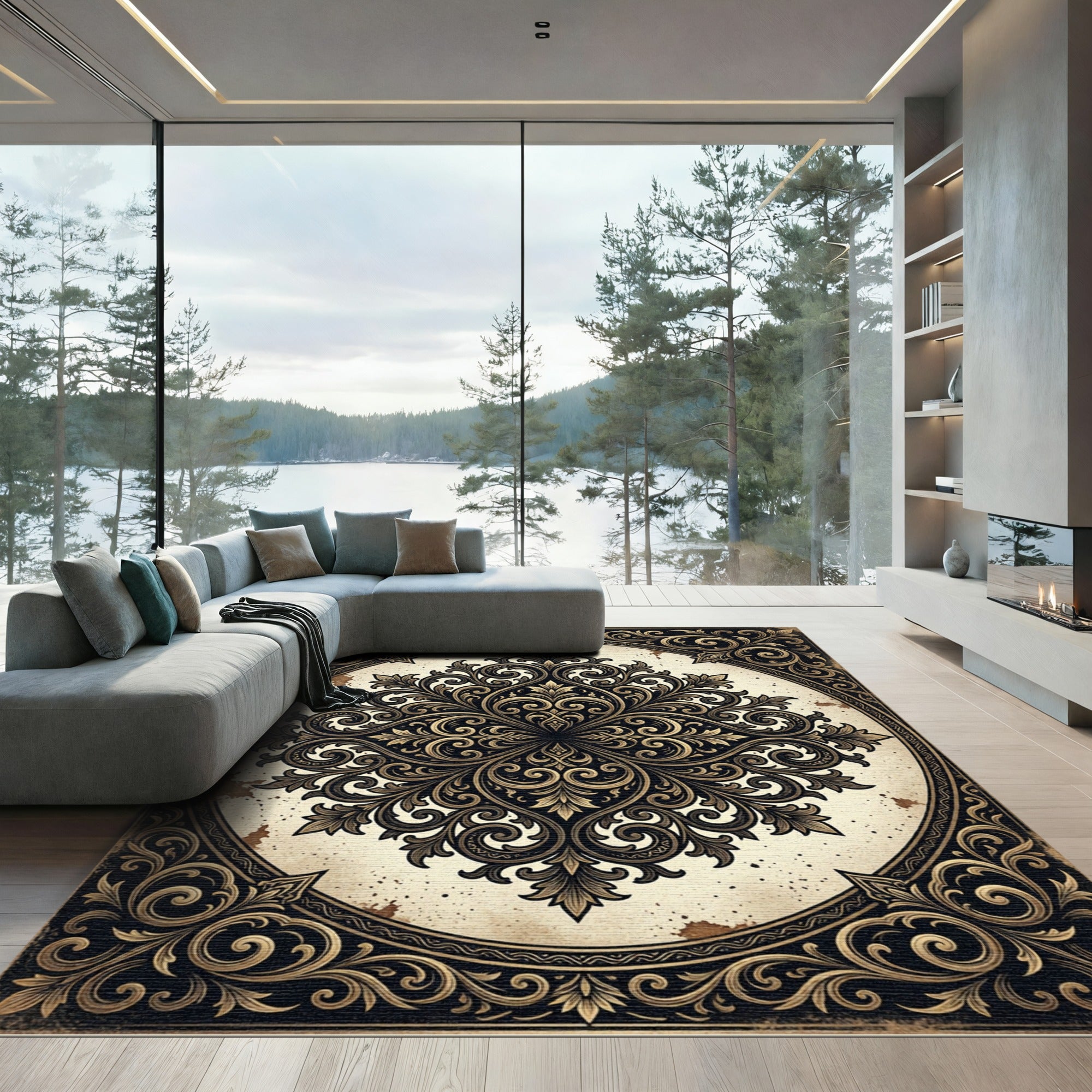 Ornate Gold Ink Damask Scroll Rug