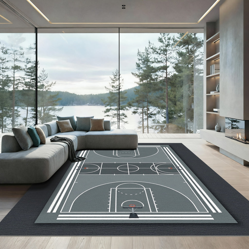 Minimalist Gray Basketball Court Graphic Rug