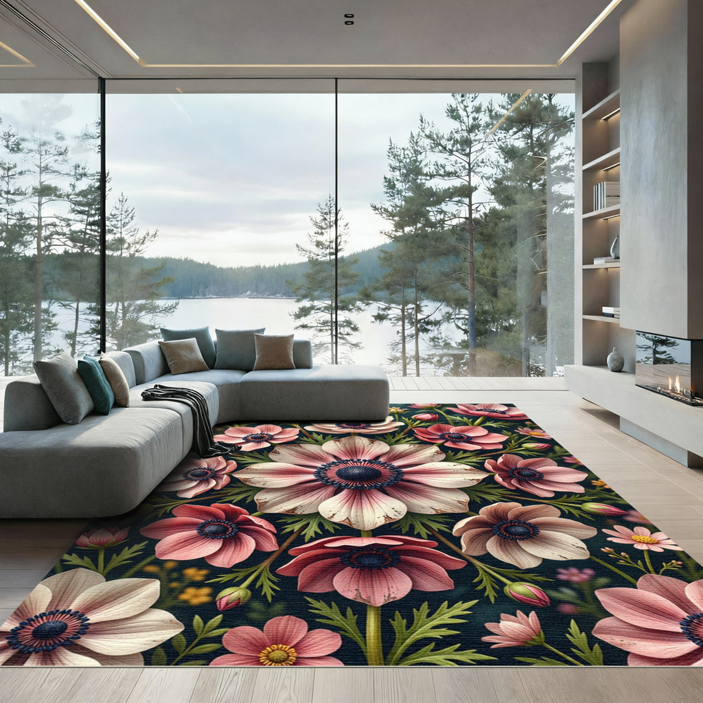 Elegant Blush Anemone Floral Medallion Rug