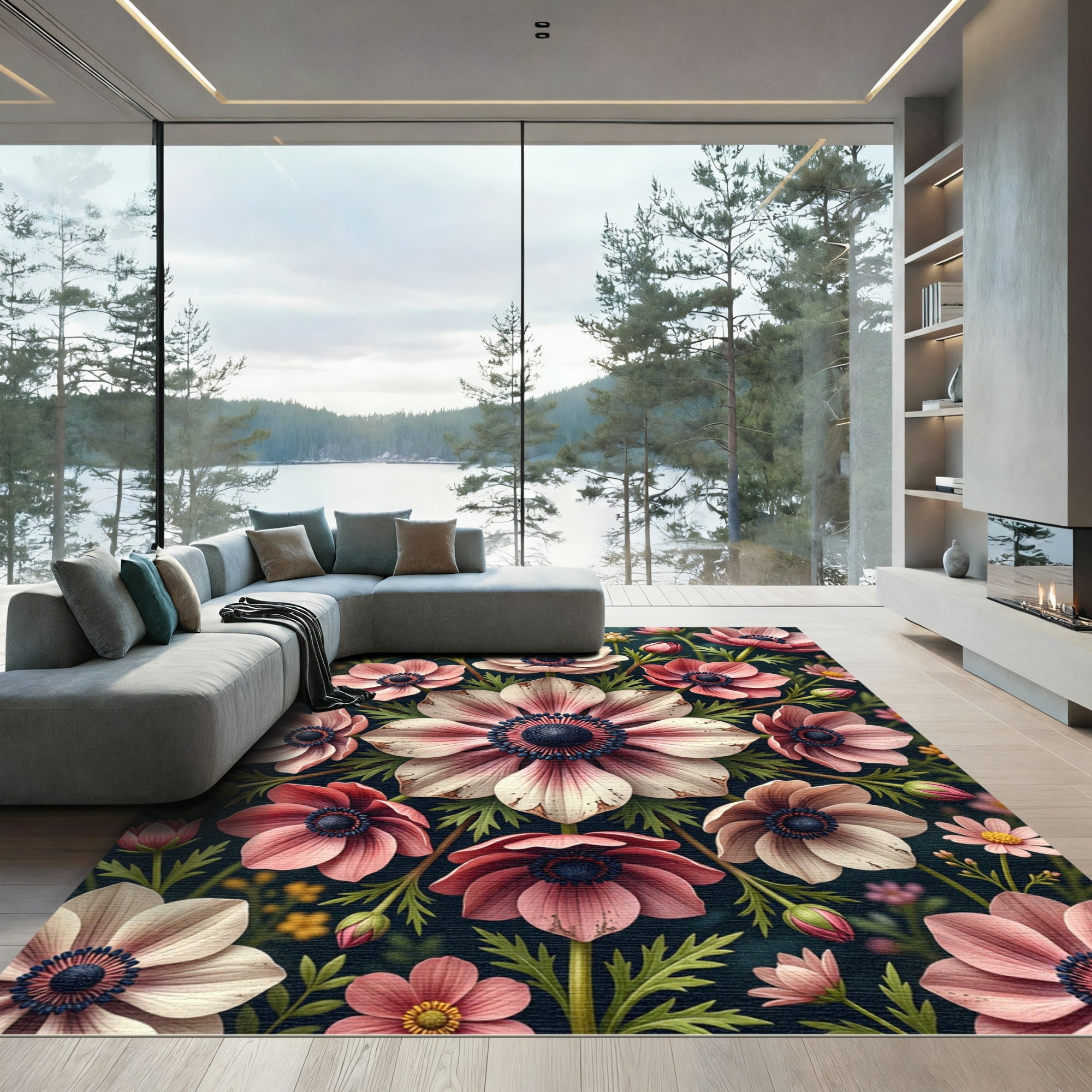 Elegant Blush Anemone Floral Medallion Rug