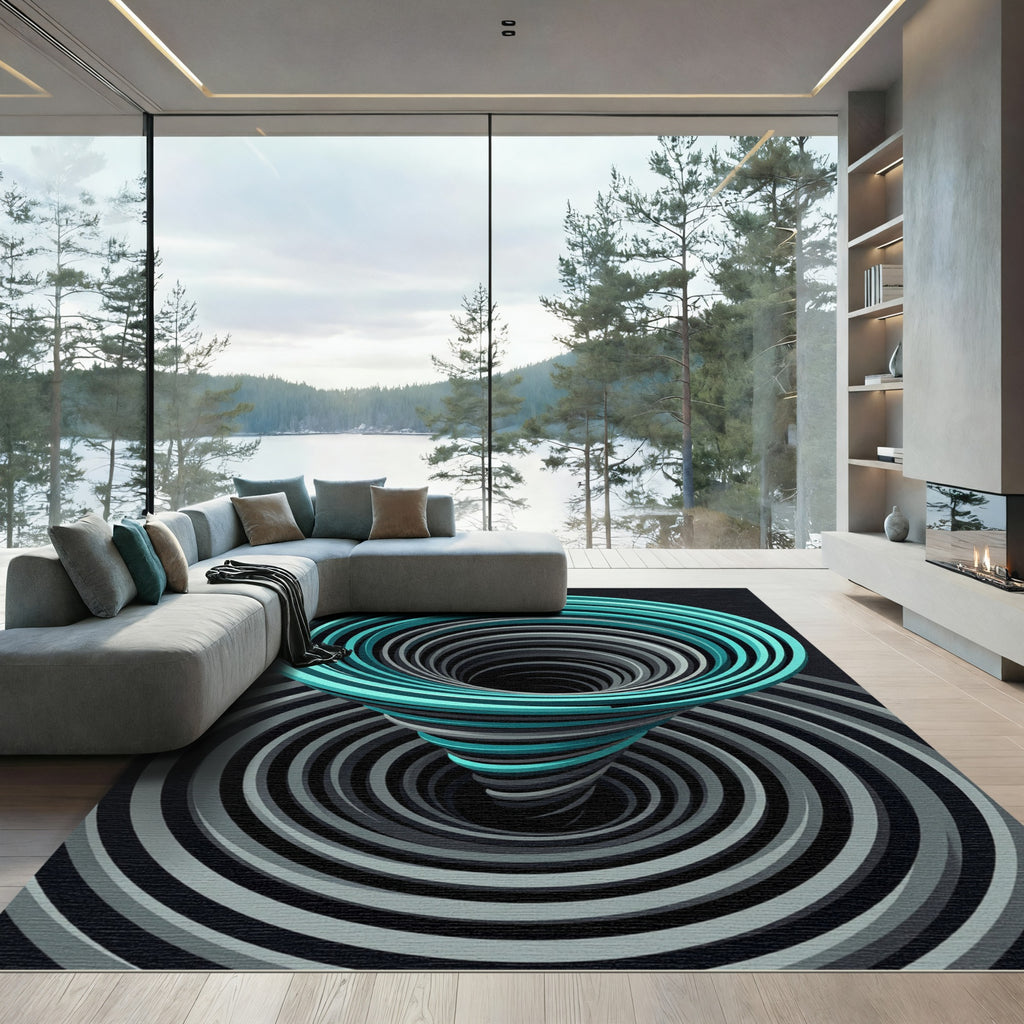 Modern Teal and Gray Swirling Vortex Rug