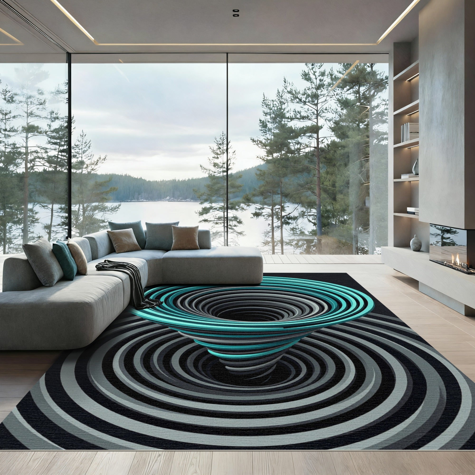 Modern Teal and Gray Swirling Vortex Rug
