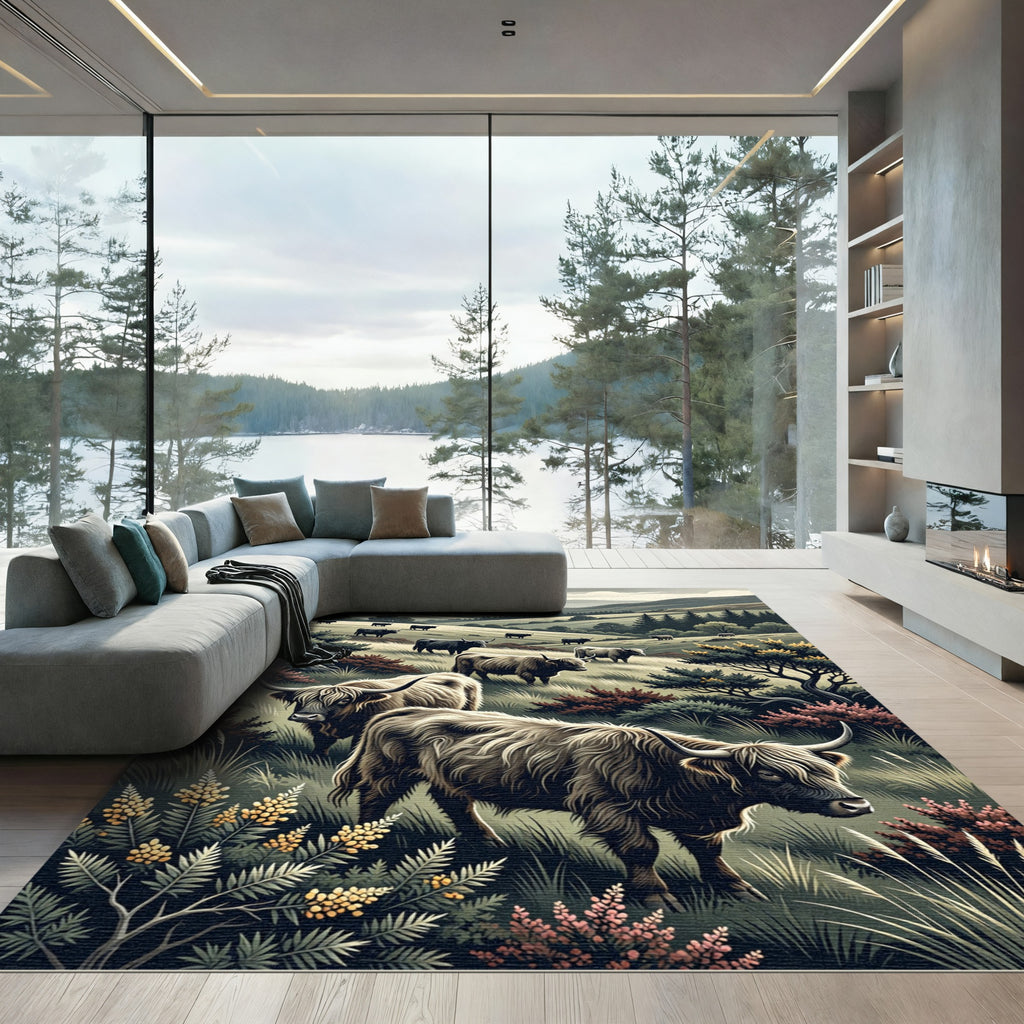 Highland Cattle Scottish Mountain Landscape Rug