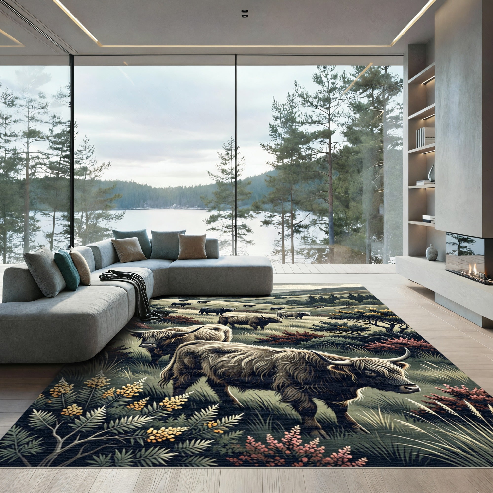 Highland Cattle Scottish Mountain Landscape Rug