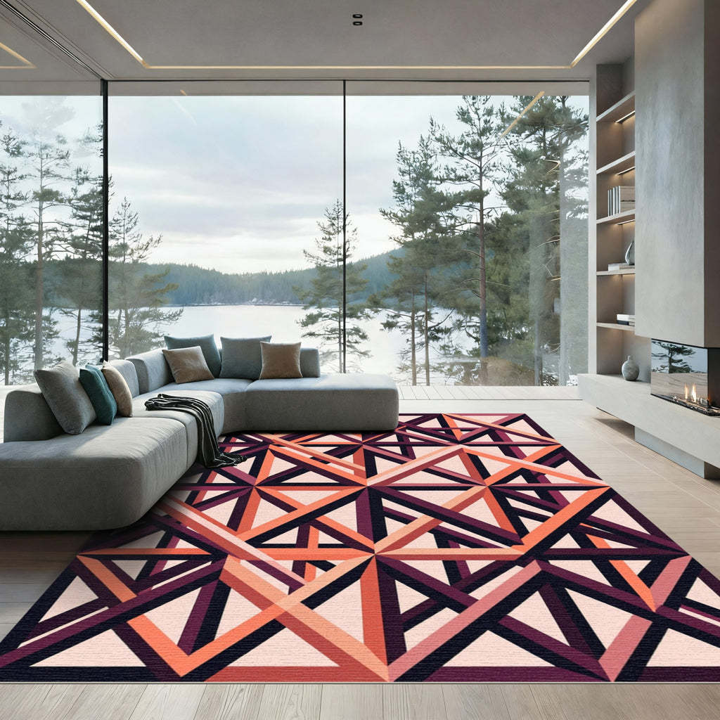 Geometric Coral and Plum Lattice Grid Rug