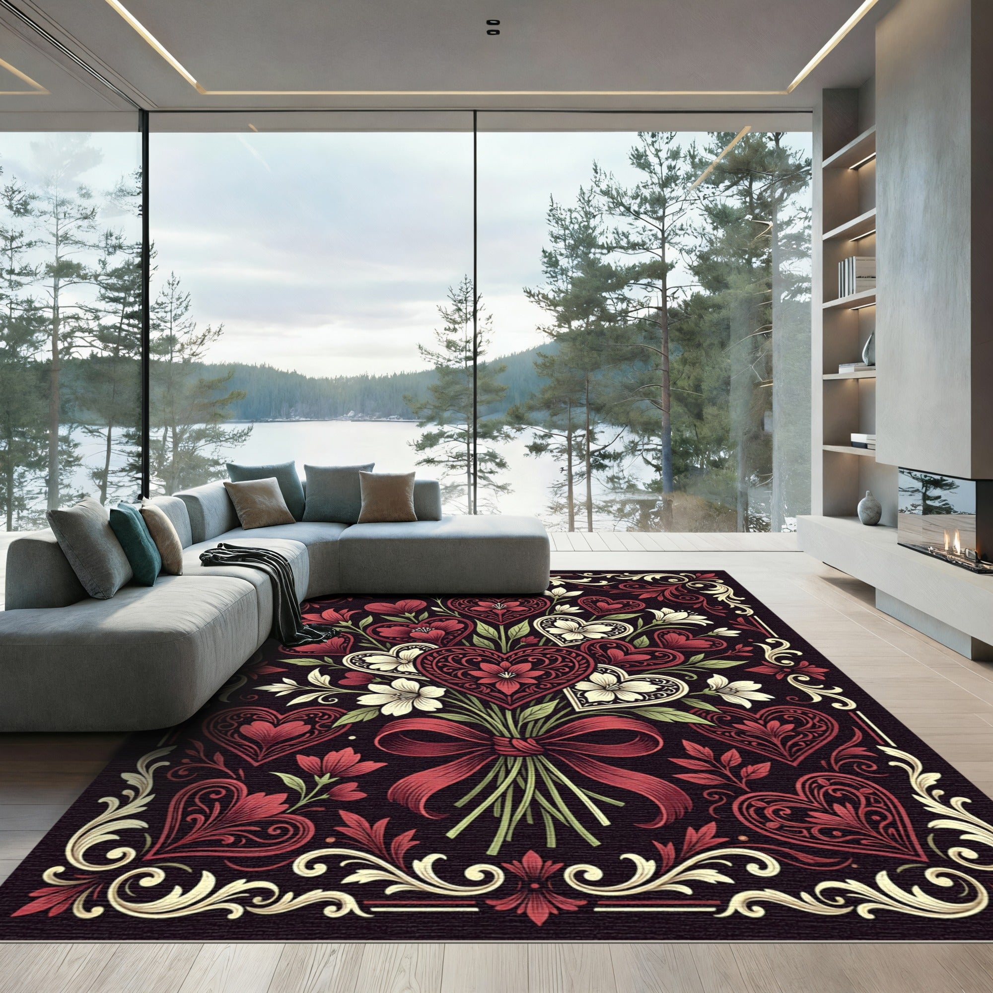 Intricate Red Heart Floral Bouquet Border Rug