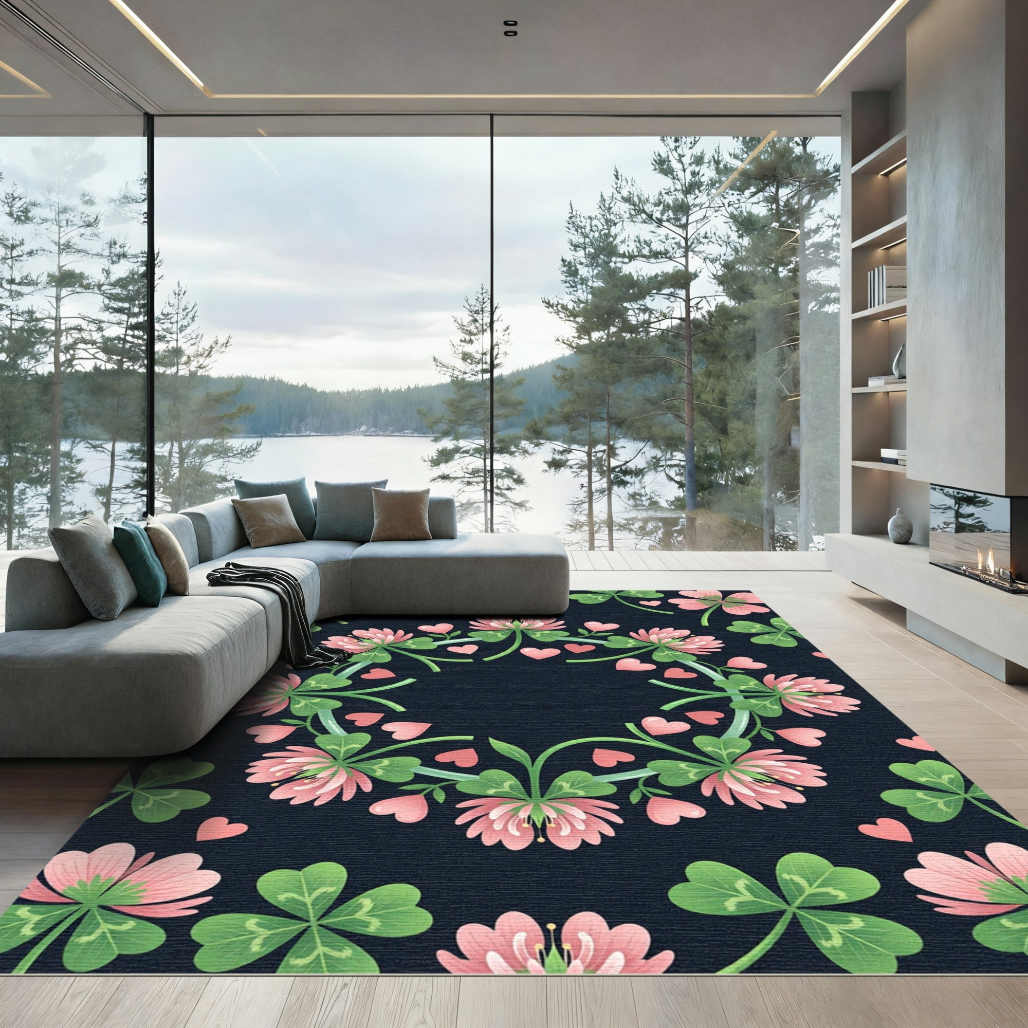 Pink Clover Hearts Floral Border Rug