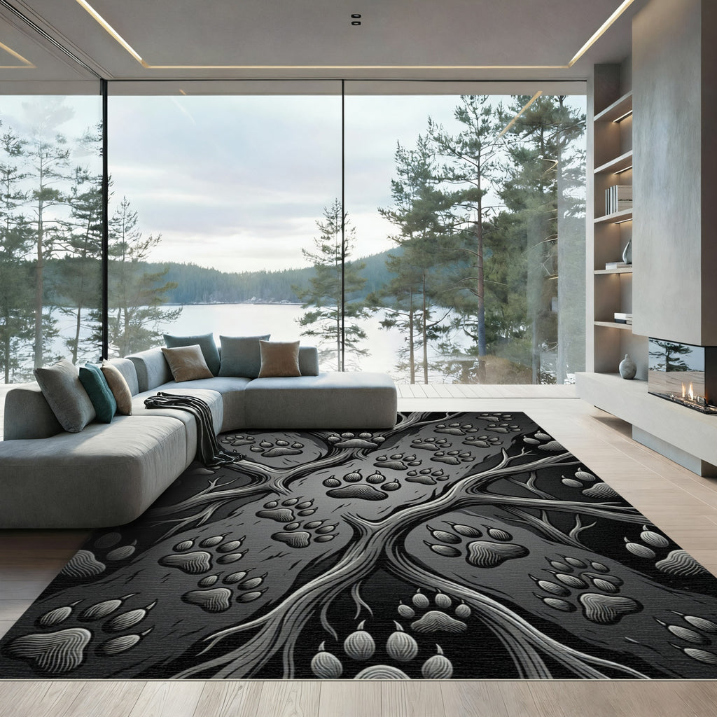 Dark Gray Paw Print Woodland Vines Rug