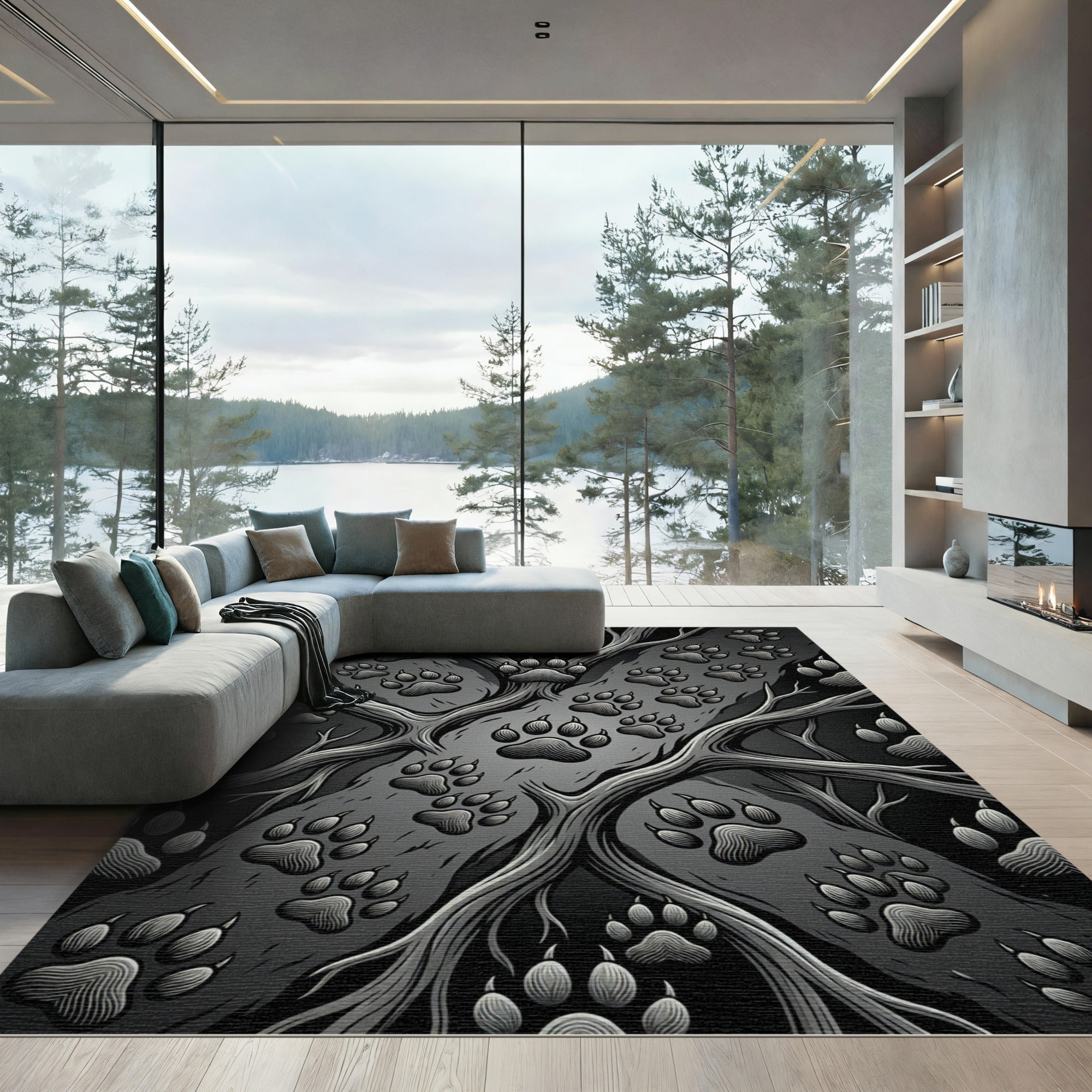 Dark Gray Paw Print Woodland Vines Rug