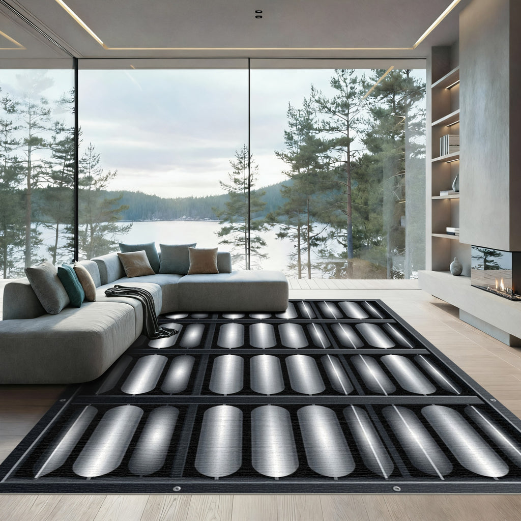 Modern Metallic Silver Vertical Column Grid Rug