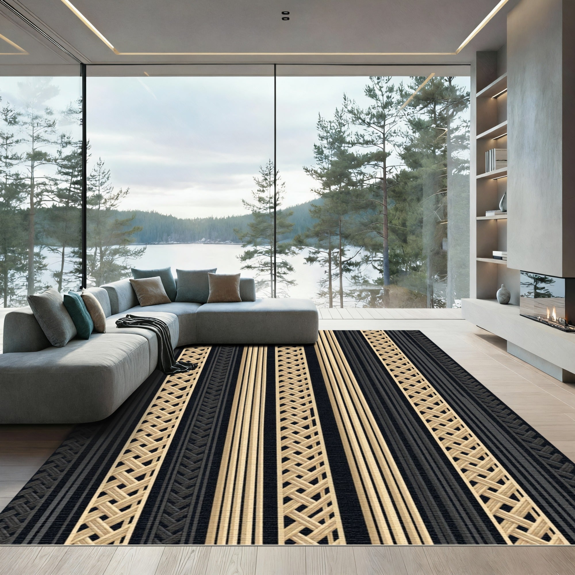 Gold and Charcoal Woven Linear Stripe Rug