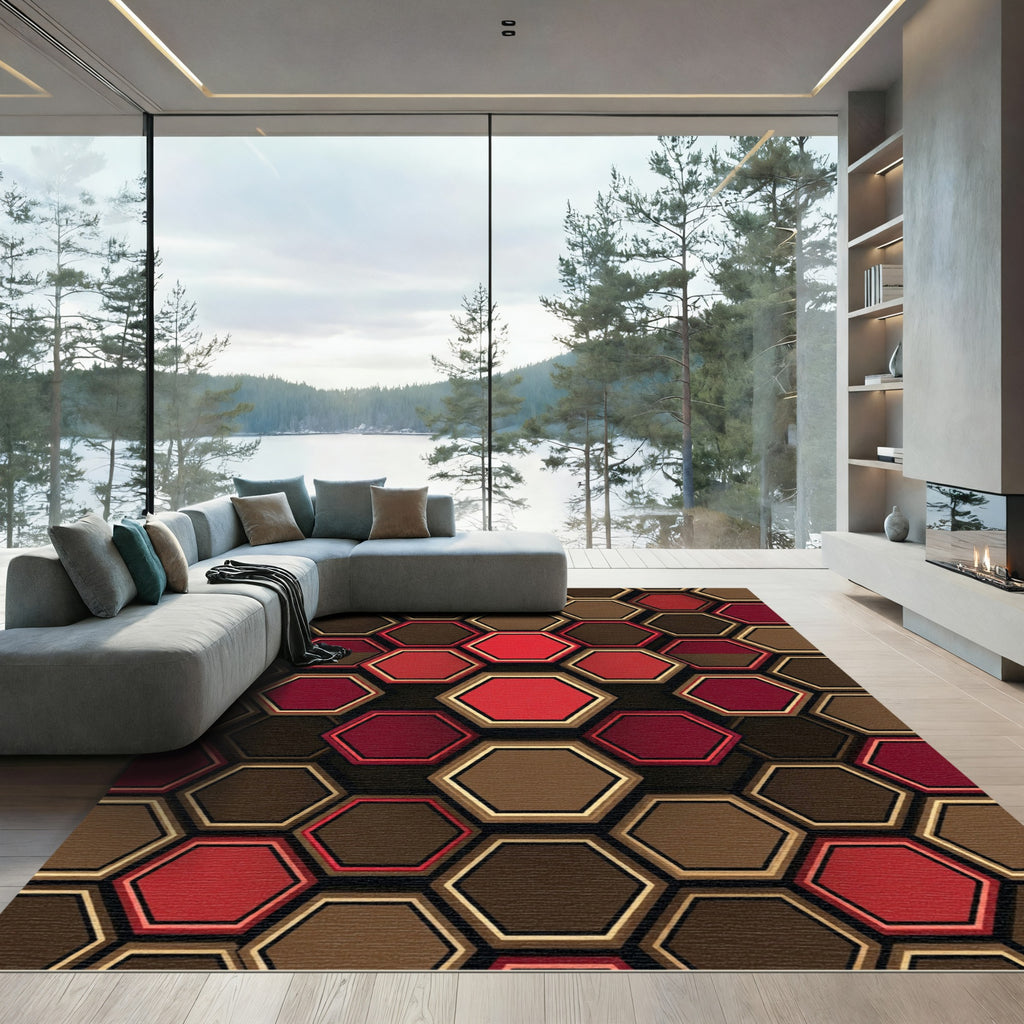 Crimson Brown Gold Hexagon Grid Rug