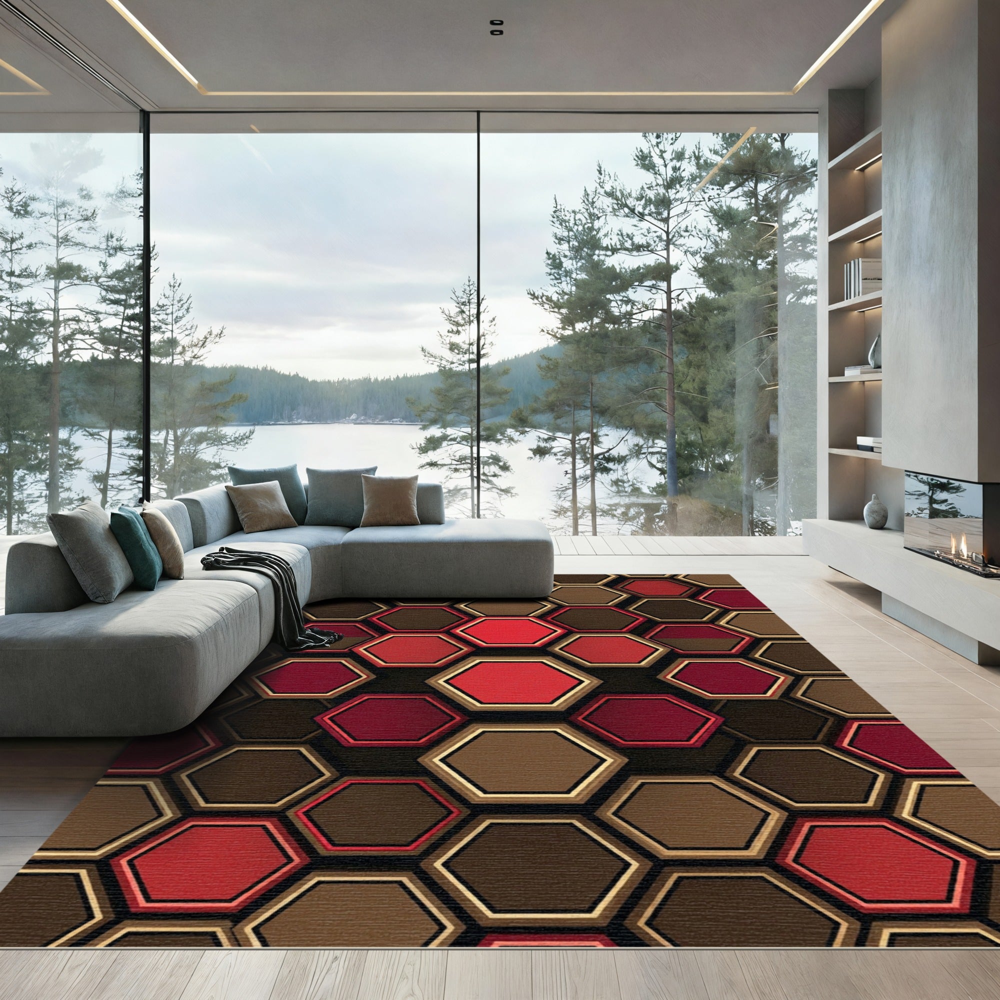 Crimson Brown Gold Hexagon Grid Rug