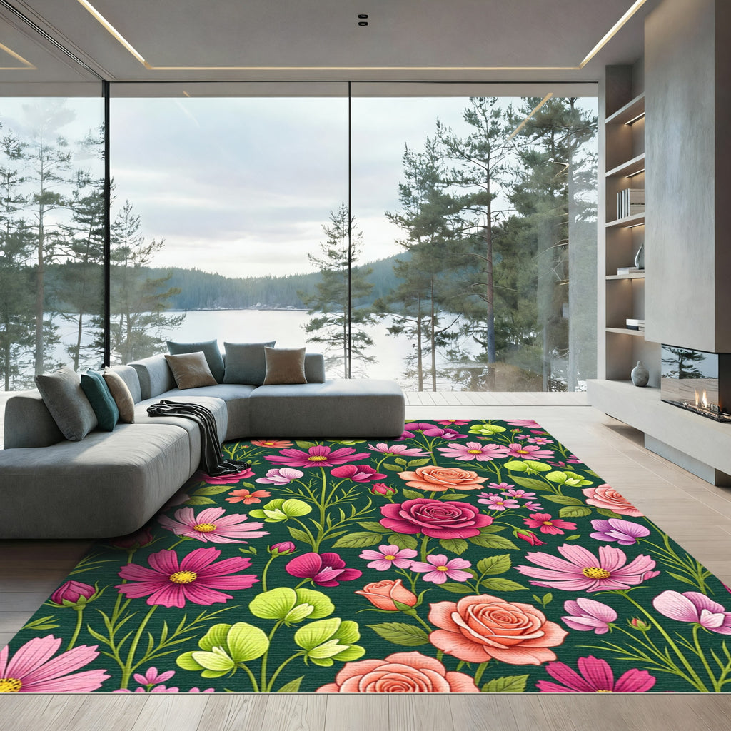 Vibrant Pink Rose Botanical Meadow Rug